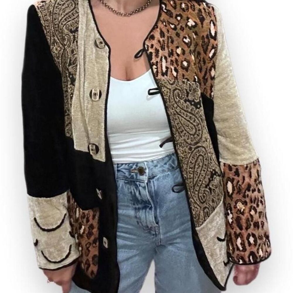 Vintage Patchwork Jacket w/ Leopard and Paisley Tapestry Like Panels